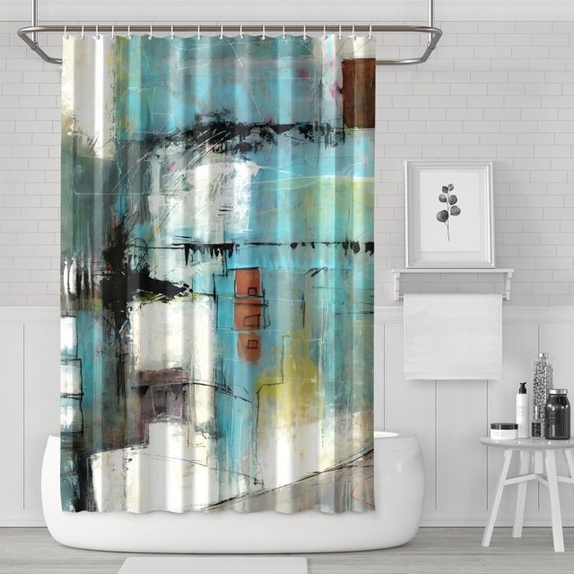 Ensemble de Rideau de Douche avec Doublure à Boutons-Pression, Galerie d'Art Bleu Marine Vert (2) Rideaux de Douche Doublure de Douche Réutilisable, Rideau de Bain Simple en Polyester, 72x72 Pouces