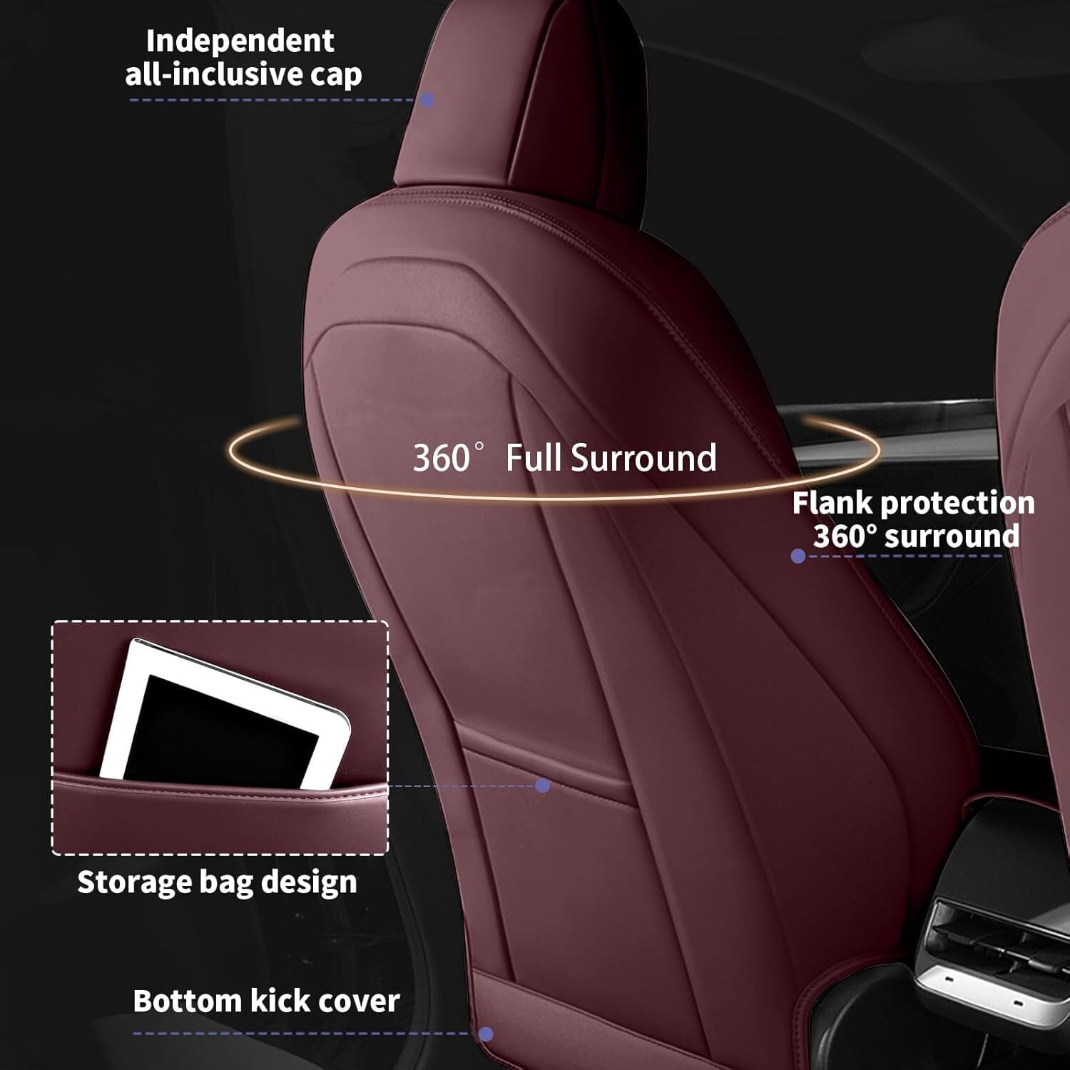 IKABEVEM Car Seat Cover for Tesla Model Y 2023-2024 - Full Set Faux Leather Seat Covers (Wine Red)