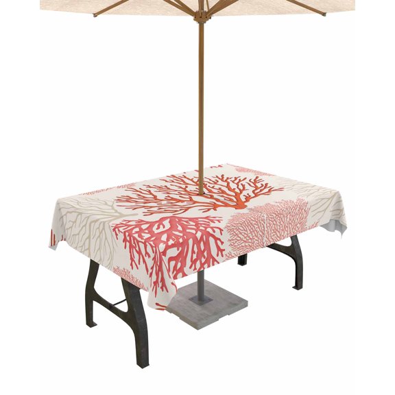 Boanket Outdoor Tablecloth with Umbrella Hole for Patio/Picnic/Party/Camping, Red Coastal Waterproof Table Cloth Rectangle Table Cover Washable, Vintage Coral Ocean Modern Sea Abstract 60"x 84"