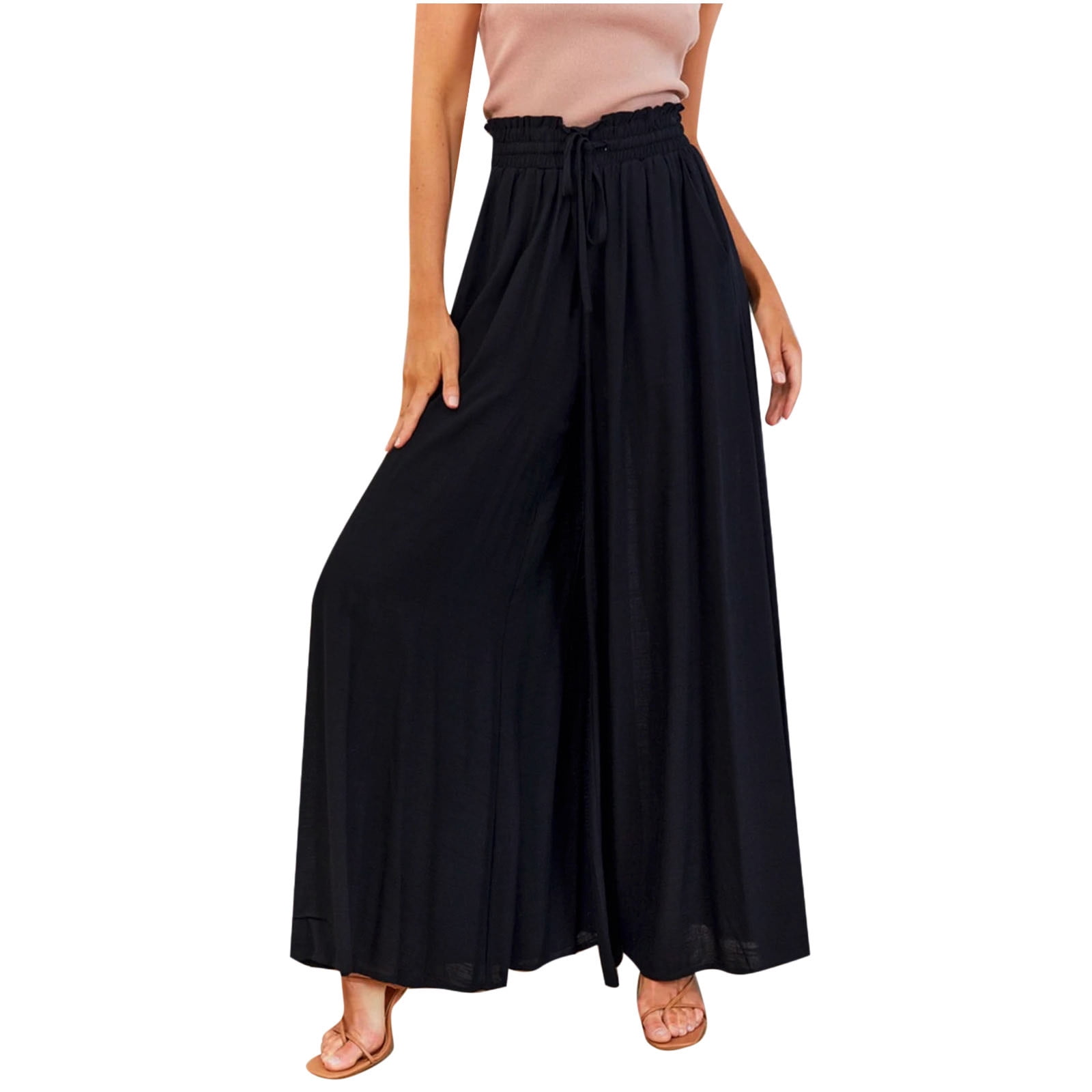 Womens Flowy Wide Leg Palazzo Pants High Waisted Drawstring Lounge Pant ...