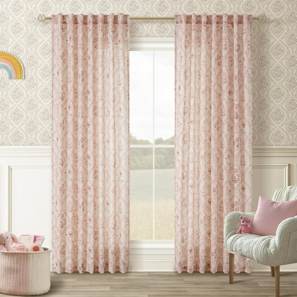 Juego de 2 paneles de cortinas de lino con estampado floral, 213 cm de largo, color rosa