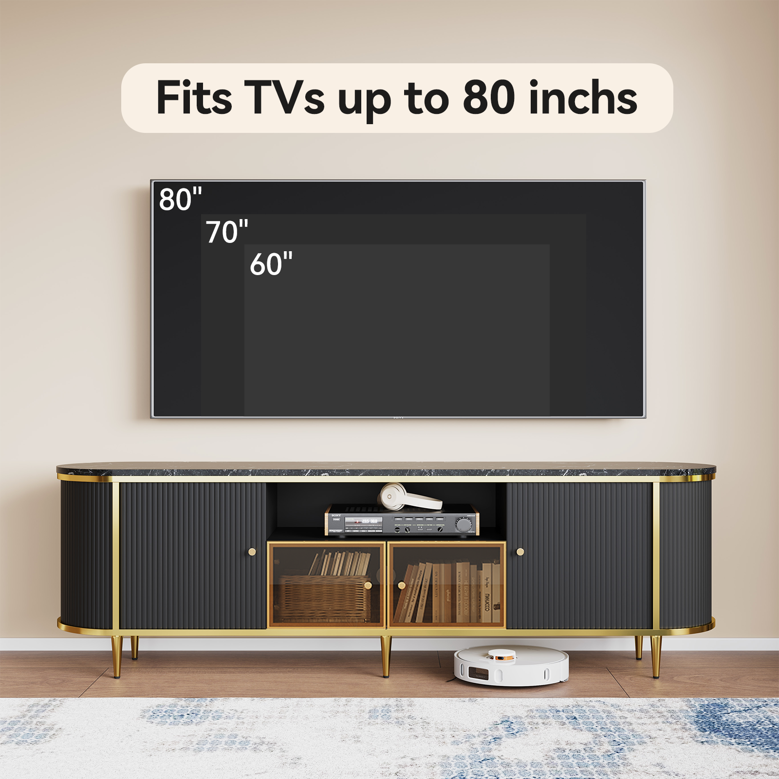 BaPiPro 70" Modern Chic TV Stand with Multi-Storage Cabinets & Glass Doors, Entertainment Center for Living Room, Black