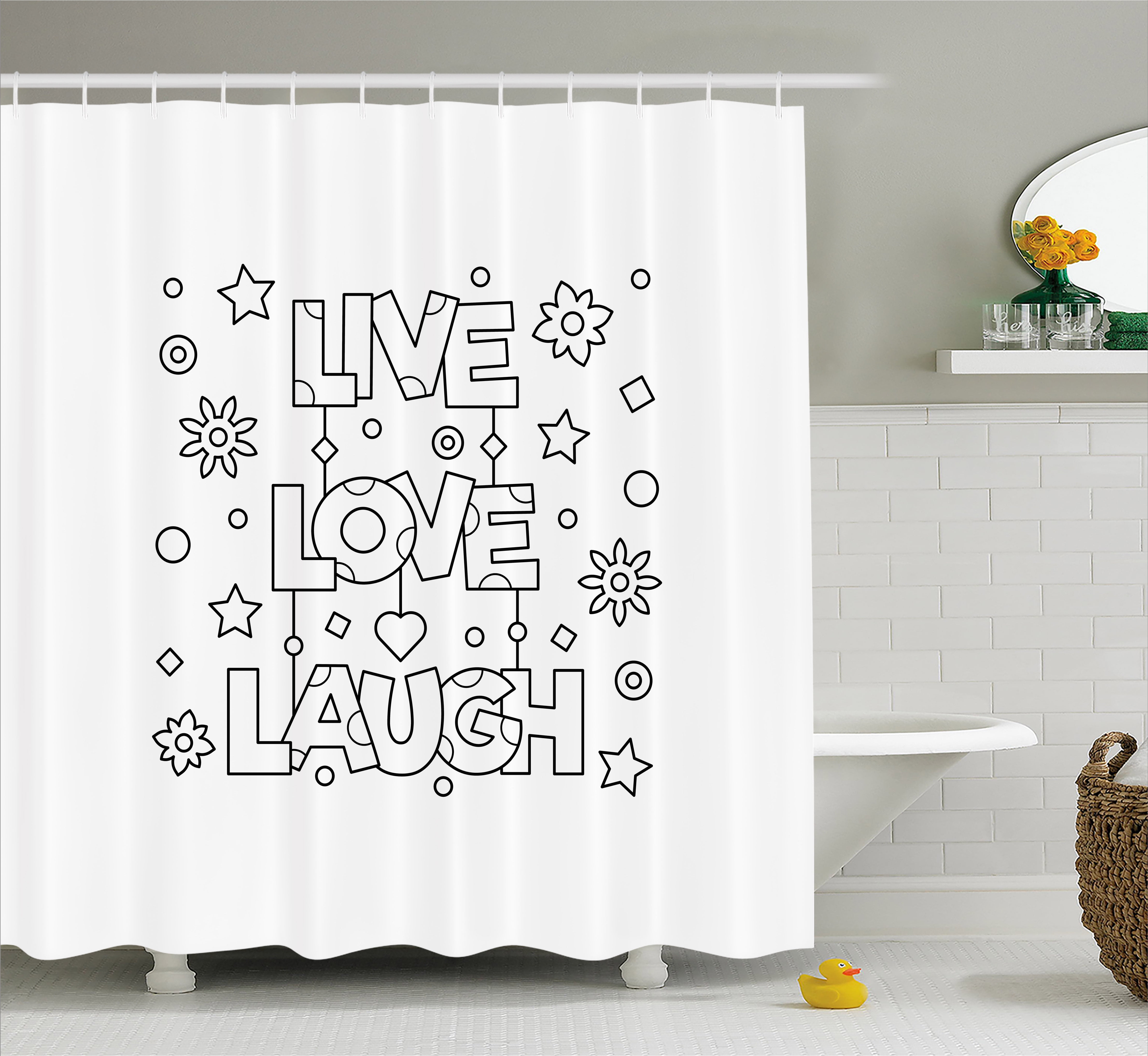 Live Laugh Love Shower Curtain, Doodle Style Quote with Flowers Hearts