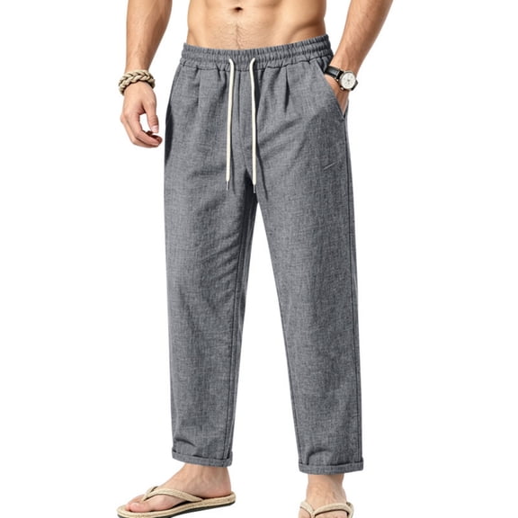 WULMLEO Men's Linen Pants Casual Beach Summer Pant Elastic Waist Drawstring Lightweight Trousers Dark Gray M