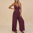 thumbnail image 4 of Women's Cami V Neck Jumpsuits Split Wide Leg Jumpsuit Waist Ruched Full Length Overalls Summer Beachwear Loungewear with Pockets Red L, 4 of 6
