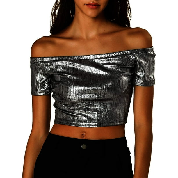 Unique Bargains Women's Off Shoulder Party Club Shiny Metallic Crop