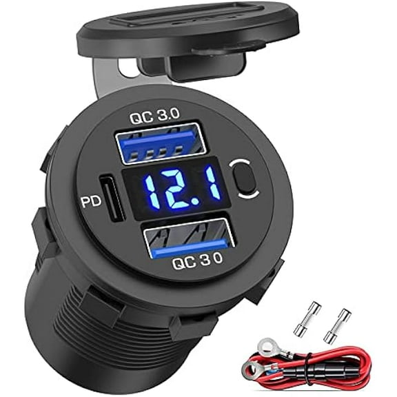 Quyaojz 12V USB Outlet Dual 18W Quick Charge 3.0 Port & 30W PD 12V USB C Car Charger Socket with Voltmeter and Power Switch, Waterproof Multiple Car USB Port Adapter for Car Boat Marine Truck Golf RV