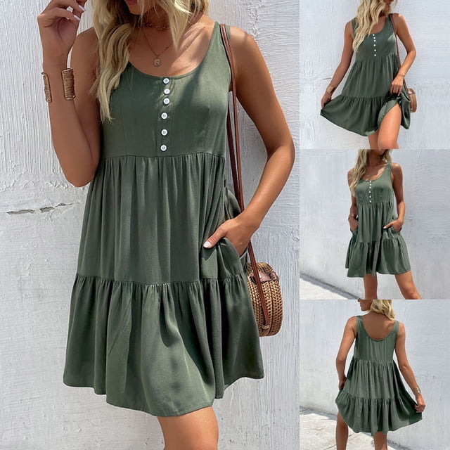 Gspmoly Robes d'Été, Mode Femmes Été Uni Sans Manches Col en V à Boutons Dos Nu Robe Décontractée Robes Formelles pour Femmes Liquidation