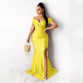 thumbnail image 3 of Vestidos de noche de sirena con escote en V y hombros descubiertos sexys para mujer, elegantes vestidos largos formales ajustados con frunces para fiestas nocturnas y bailes de graduación, 3 of 5