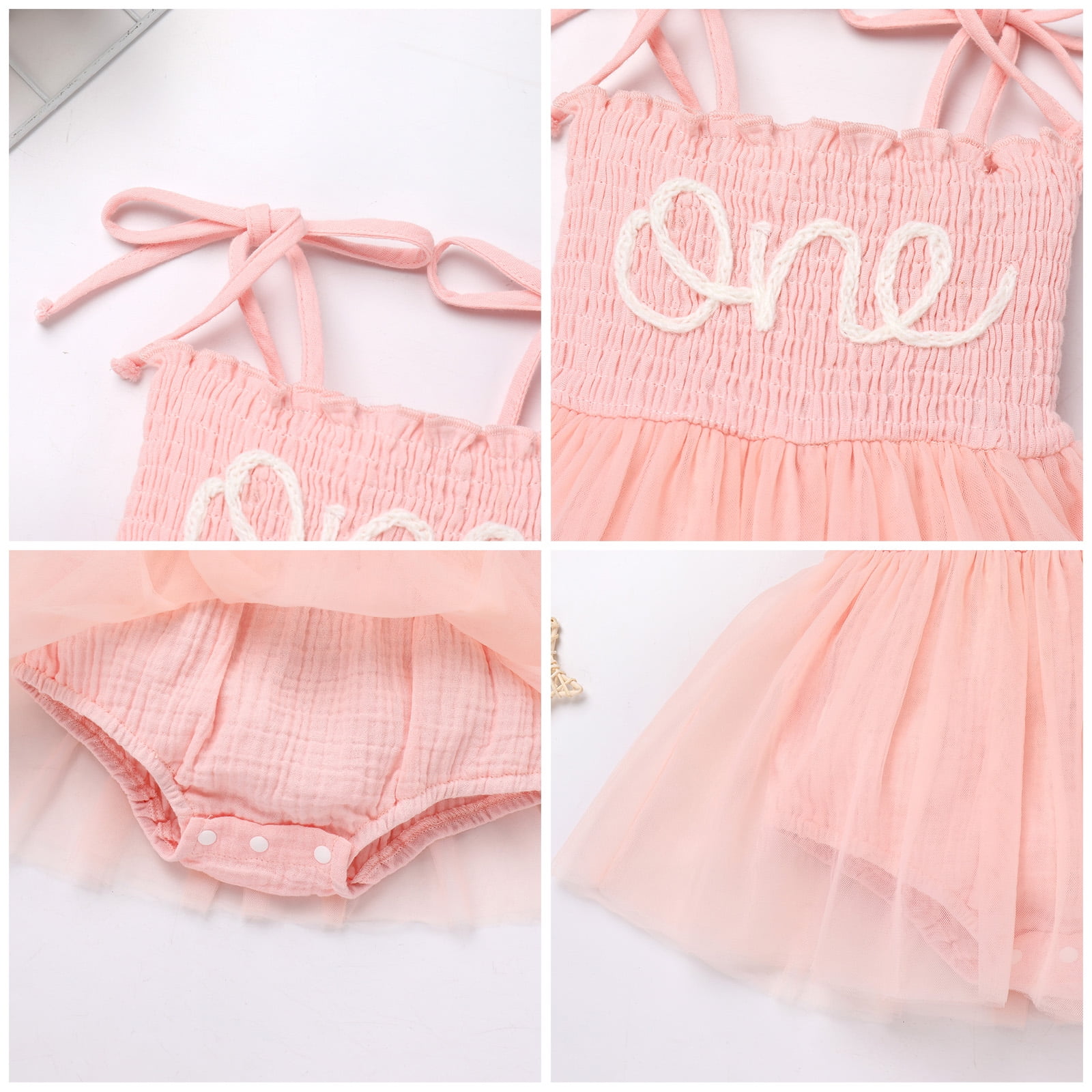 IDOPIP Baby Girls 1st Birthday Outfit Spaghetti Straps Romper Dress with Headband Cake Smash Outfit