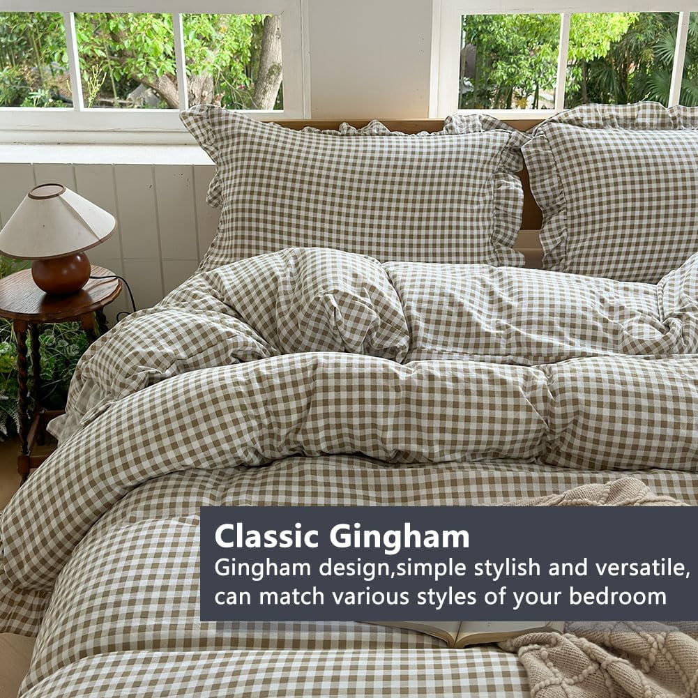Tan Gingham Ruffle Duvet Cover Queen Size, 3 Pieces Taupe Soft Pre-Washed Microfiber Checked Plaid Comforter Cover Set, Vintage Farmhouse Bedding Set(Tan Gingham, Queen 90"x90")