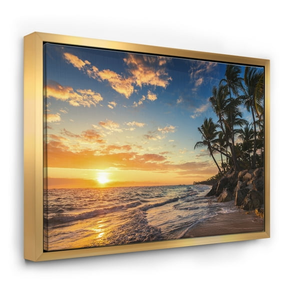 Designart ' Paradise Tropical Island Beach with Palms ' Extra Large Seascape Art Framed Canvas