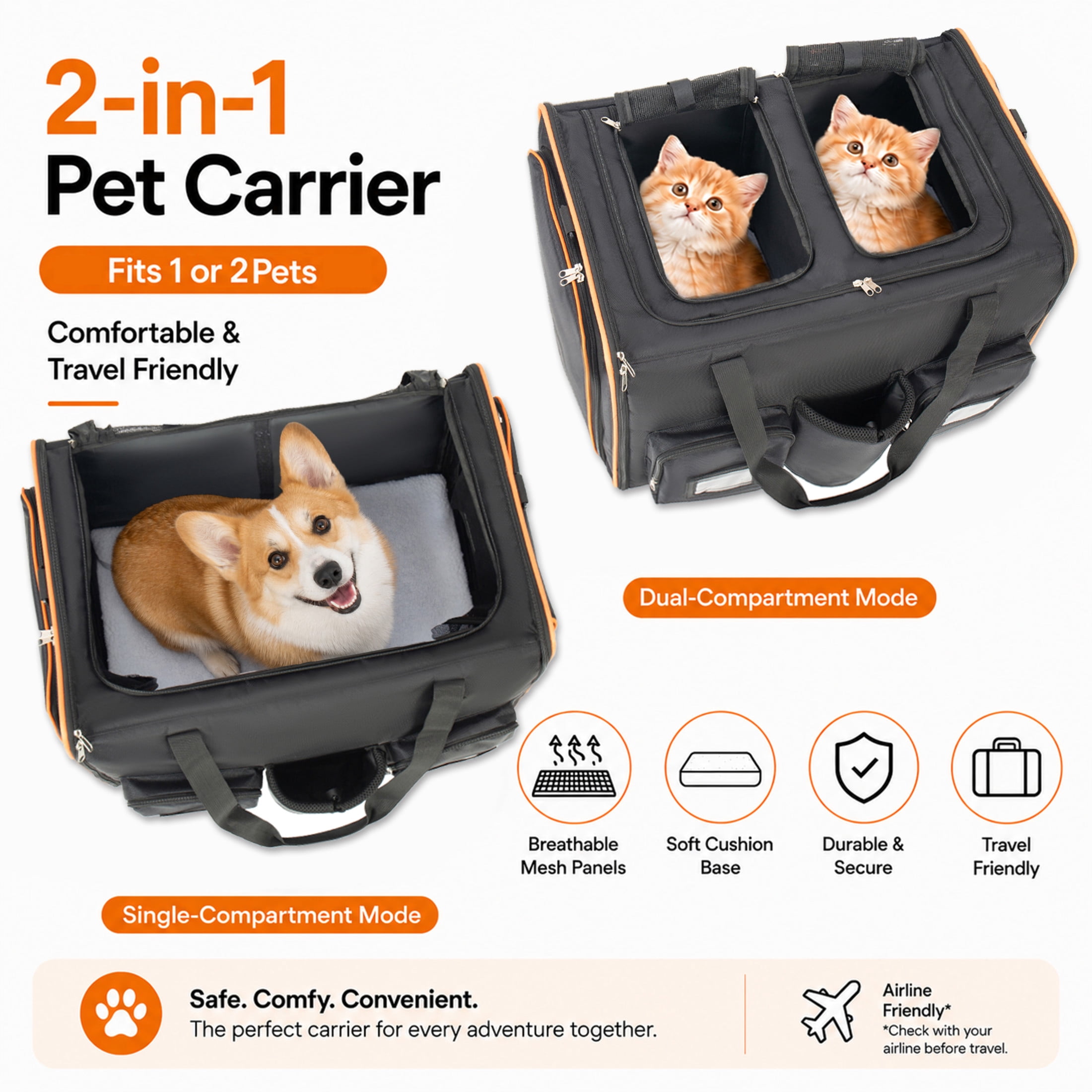 Noble House 2-in-1 Rolling Pet Carrier with Wheels & Removable Divider, Breathable Mesh Oxford for Camping, Black