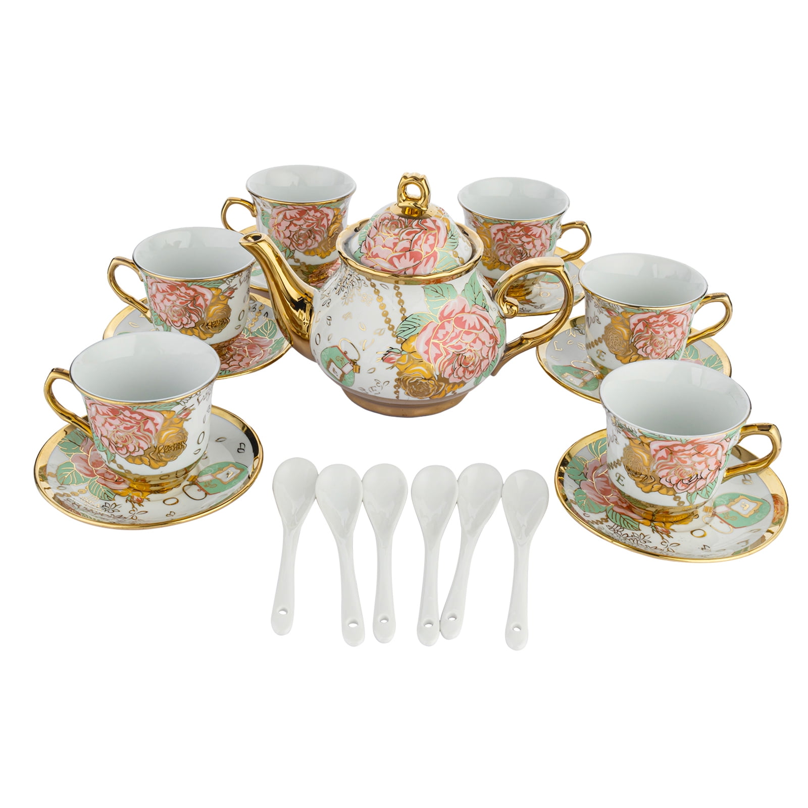DaGiBayCn 20 Piece European Ceramic Tea Set Coffee set  Porcelain Tea SetWith Metal Holder,flower tea set Red Rose  Painting,160ML/Cup,460ML/Pot (Large version).: Tea Sets