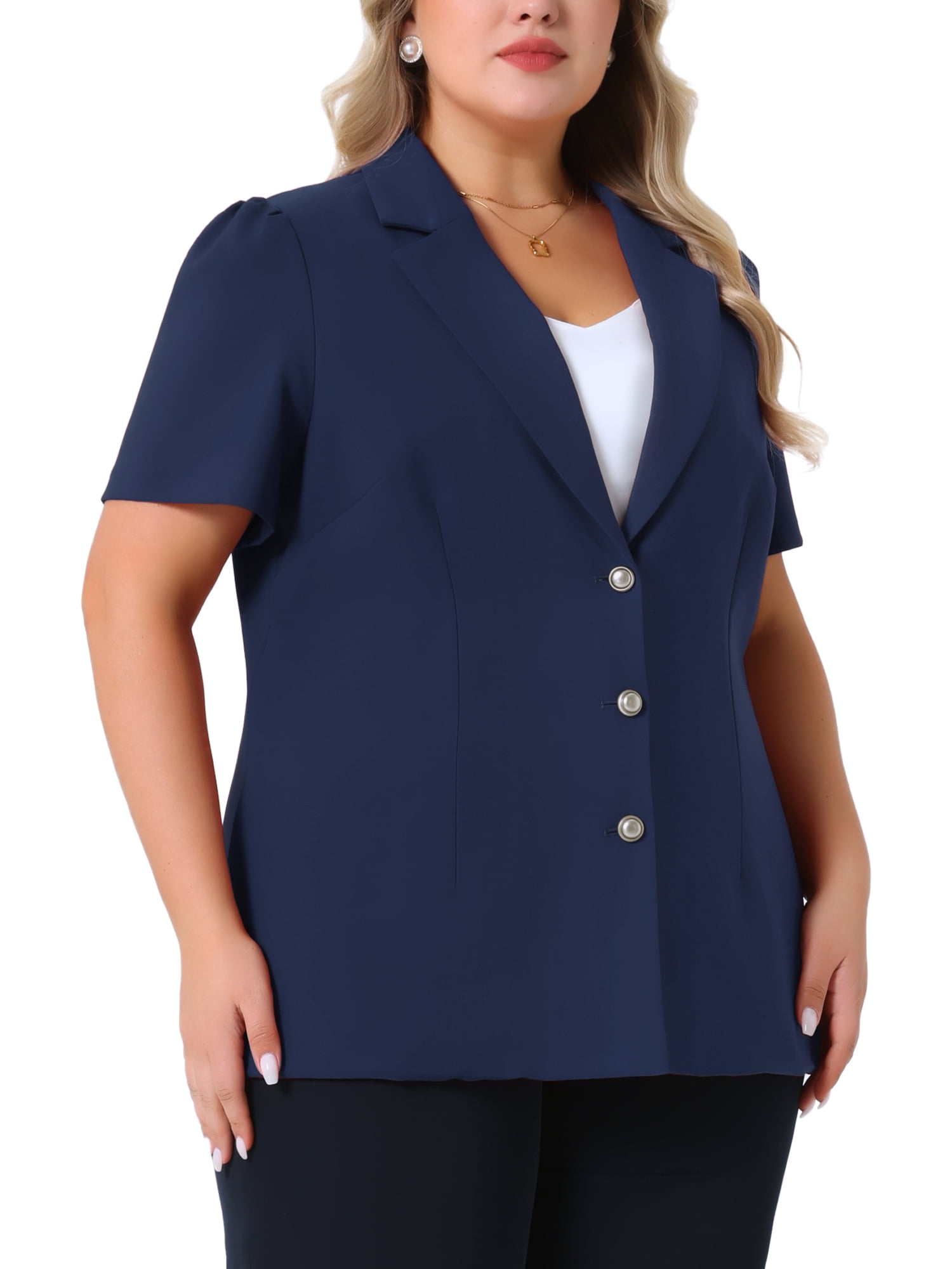 DARING DIVA Women's Plus Short Puff Sleeve Notched Lapel Blazer Jackets Navy Blue 2X