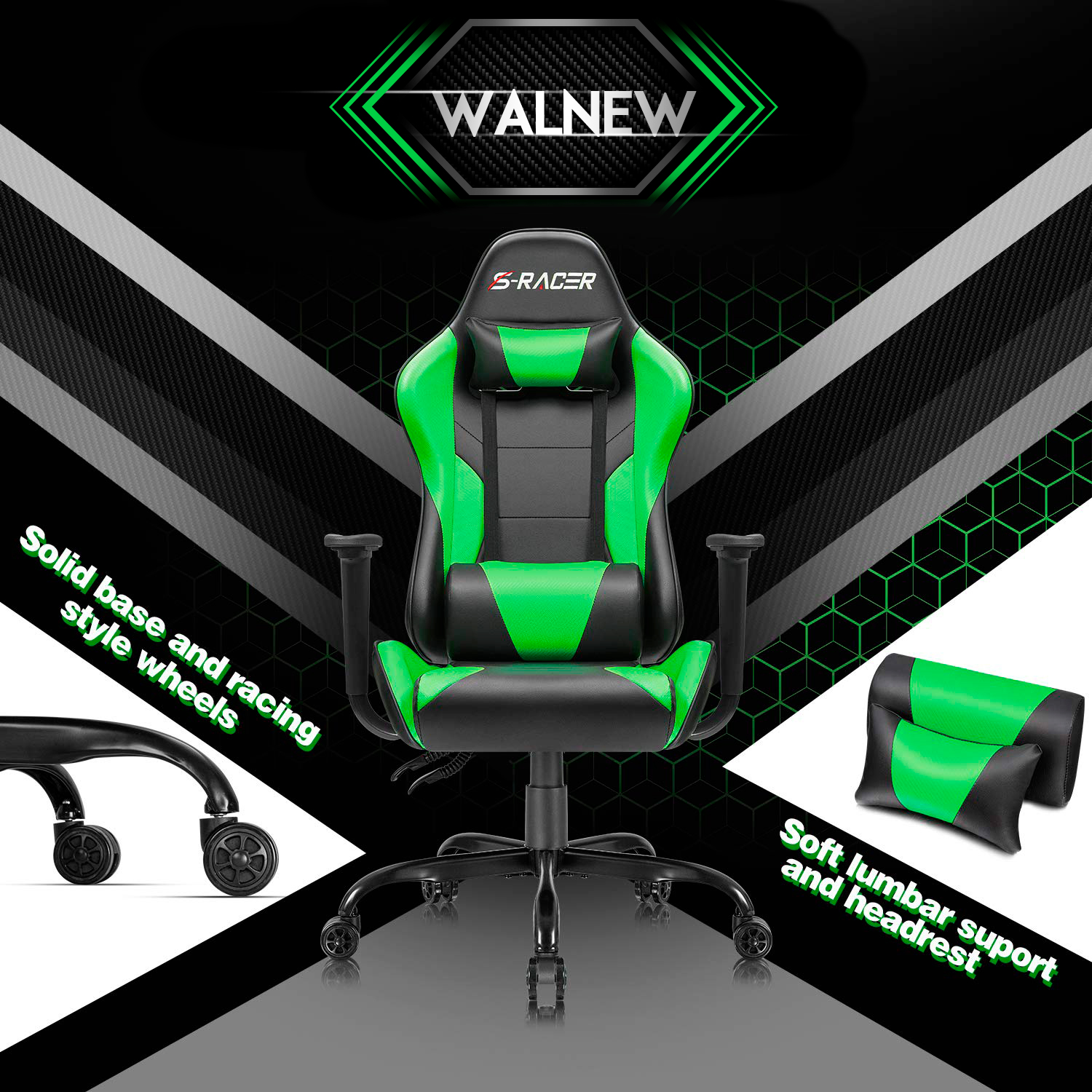 Lacoo Gaming Chair PU Leather Reclining Racing Style Ergonomic Office Chair with Headrest and Lumbar Support, Green - image 5 of 7