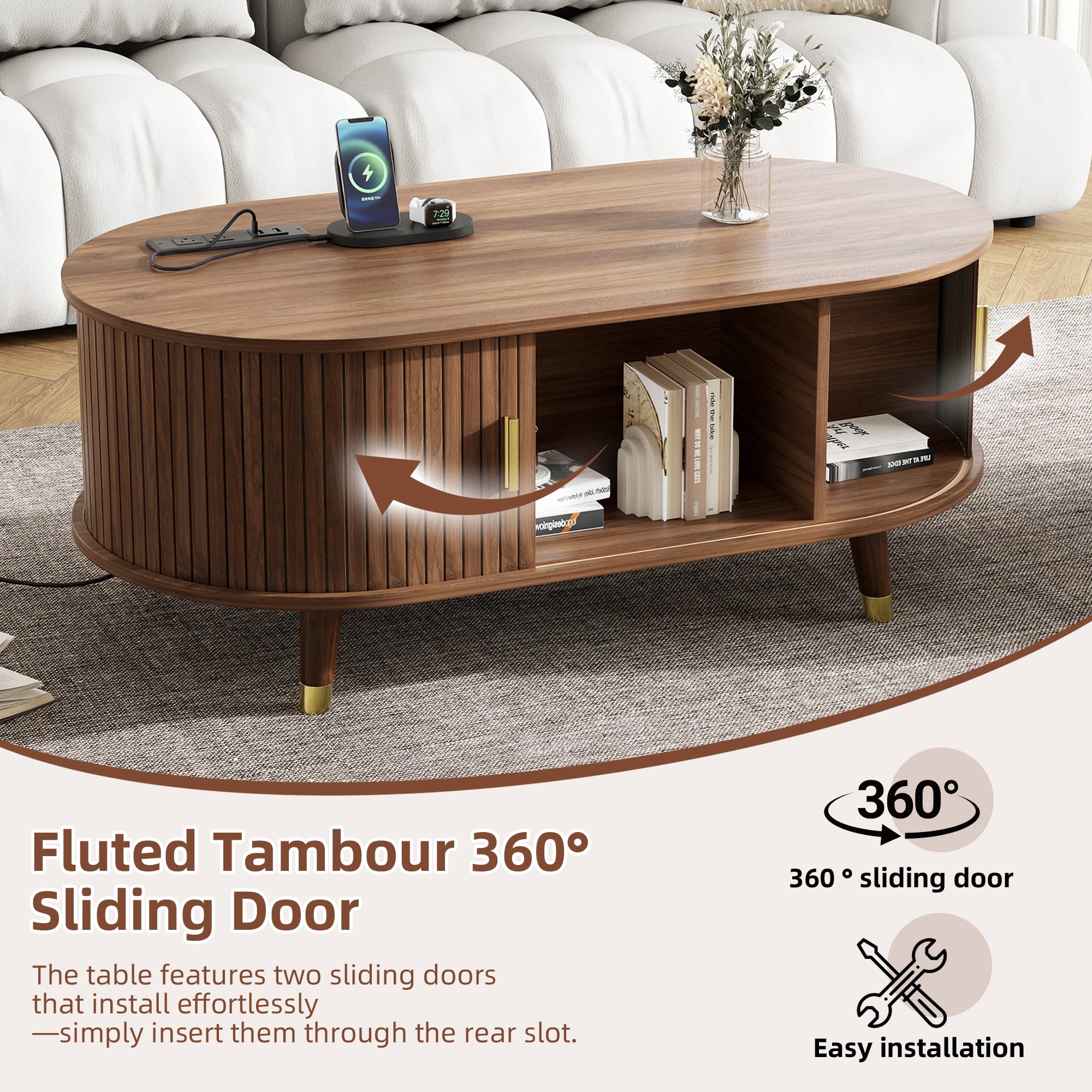 Euroco Mid-Century Modern Living Room Set with Coffee Table & TV Stand for TVs up to 80", Fluted Tambour Sliding Doors, Charging Stations with USB & AC Outlets, Solid Wood Legs，Walnut