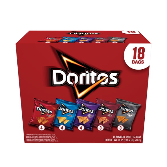Doritos Tortilla Chips 5 Flavor Variety Pack Snack Chips, 1 oz Bags, 18 Count