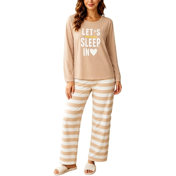 MEZZALL Women O-Neck Letter Printed Long Sleeve Tops Straight Long Pants Pajama Soft Loungewear Sleepwear Two Piece Comfortable Nightwear Cozy Home Fashionable Pjs