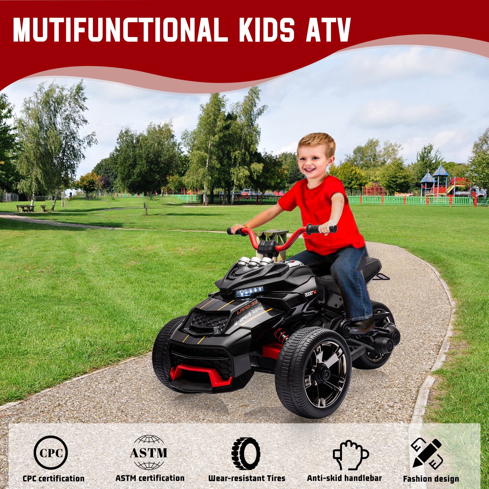 Goldensoil 12V Kids Ride On ATV with Remote, Music/Story Player, LED Lights, High/Low Speed,Black