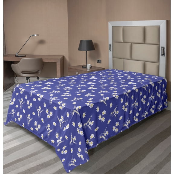 Ambesonne Floral Flat Sheet, Simplistic Daisy Flowers, TwinXL Size, Mustard Ceil Blue