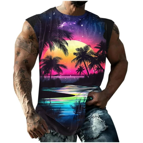 Txeol Deals Today Mens Tank Tops Summer Casual Sleeveless Beach Shirts Palm Tree Print Hawaiian Shirts Loose Round Neck Athletic Shirts,Dark Blue,S