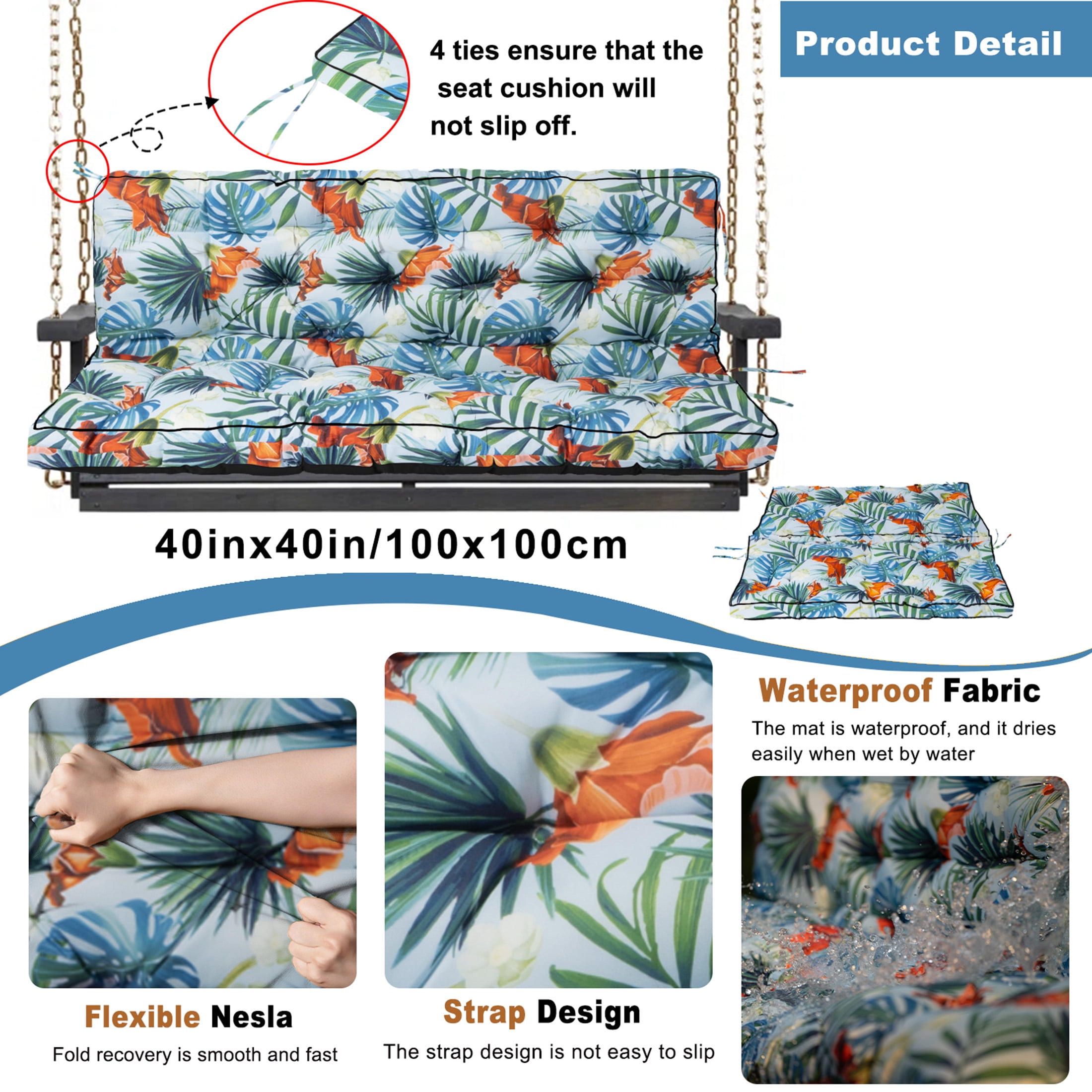 Porch Swing Cushion Thicken 4", 63" Swing Cushions 2-3 Seater Replacement, Waterproof Bench Cushions with Backrest, Anti-Fading Patio Swing Chair Pads for Outdoor Garden Furniture