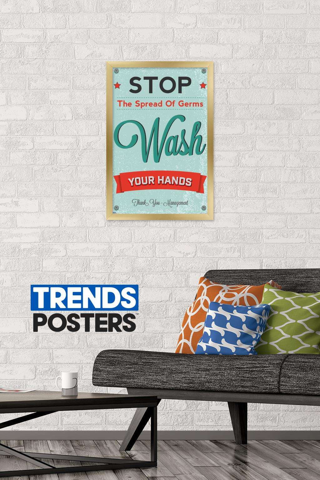 Stop The Spread of Germs - Wash Your Hands Wall Poster, 14.725" x 22.375", Framed