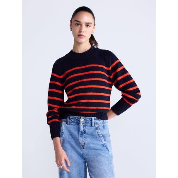 Free Assembly Women's Cropped Mock Neck Cotton Sweater, Midweight, Sizes XS-XXL