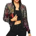 thumbnail image 3 of YTCAMLO Color Block Patchwork Jackets for Women Trendy Sparkly Sequin Slim Fit Blazer Open Front Cardigan Front Zip Bomber Blazer, B S, 3 of 8