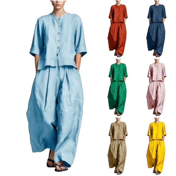 Vhkiploz 2Pcs Plus Size Summer Suit Sets for Women's Crew Neck 3/4 Sleeve Button Down Top with Wide Leg Pleated Pants Solid Daily Outdoor Outfit Sets