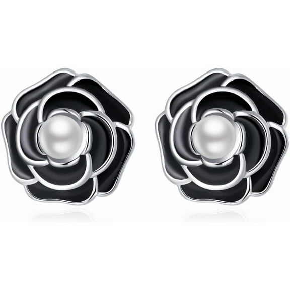 Solid 925 Sterling Silver Flower Stud Earrings for Women Teens Black Flower Stud Earrings Pearls