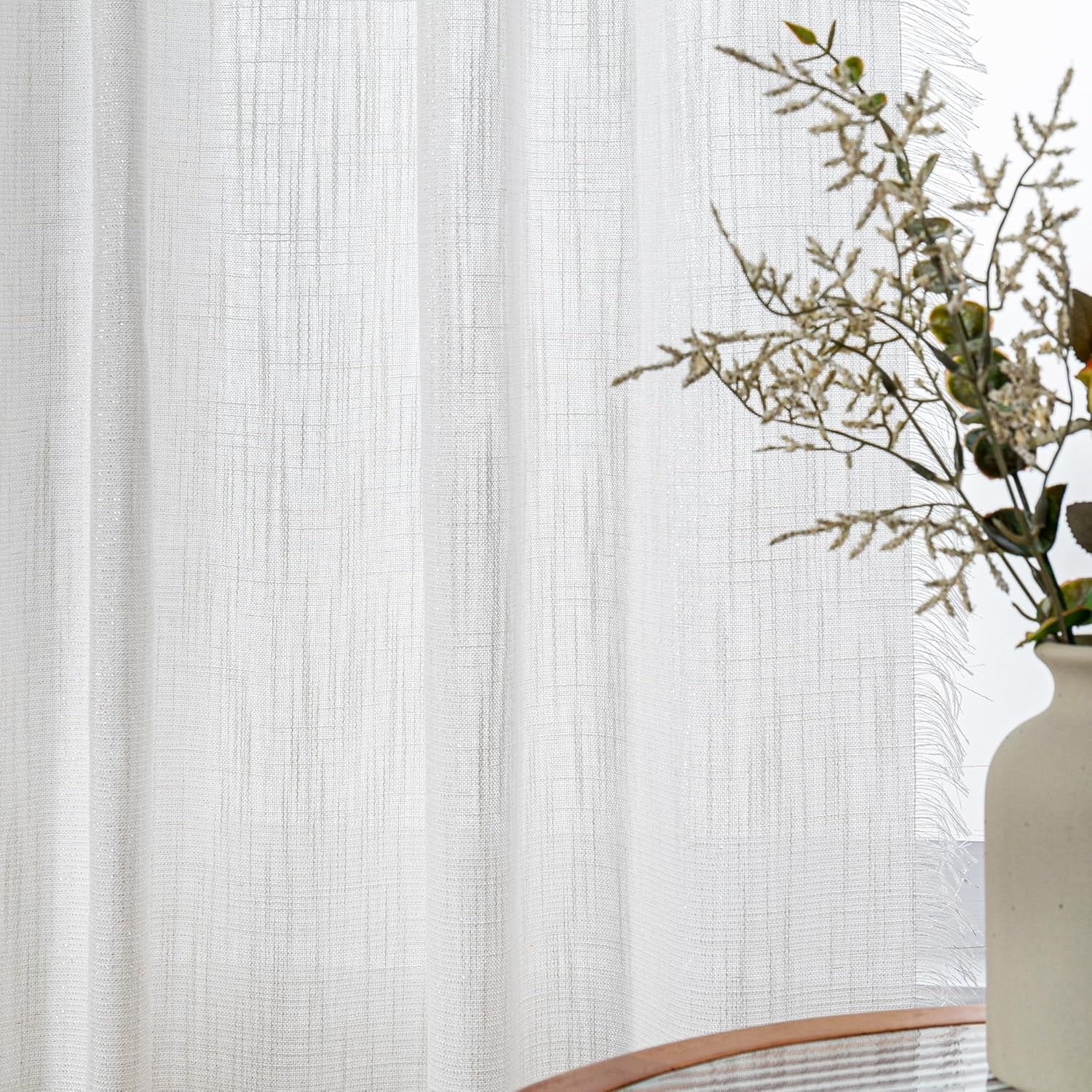 Wehilion Linen Curtains for Living Room, Natural Semi Sheer Curtains & Drapes 84 inches Length 2 Panels Set Farmhouse Country Boho Style Back Tab Draperies for Sliding Glass Door