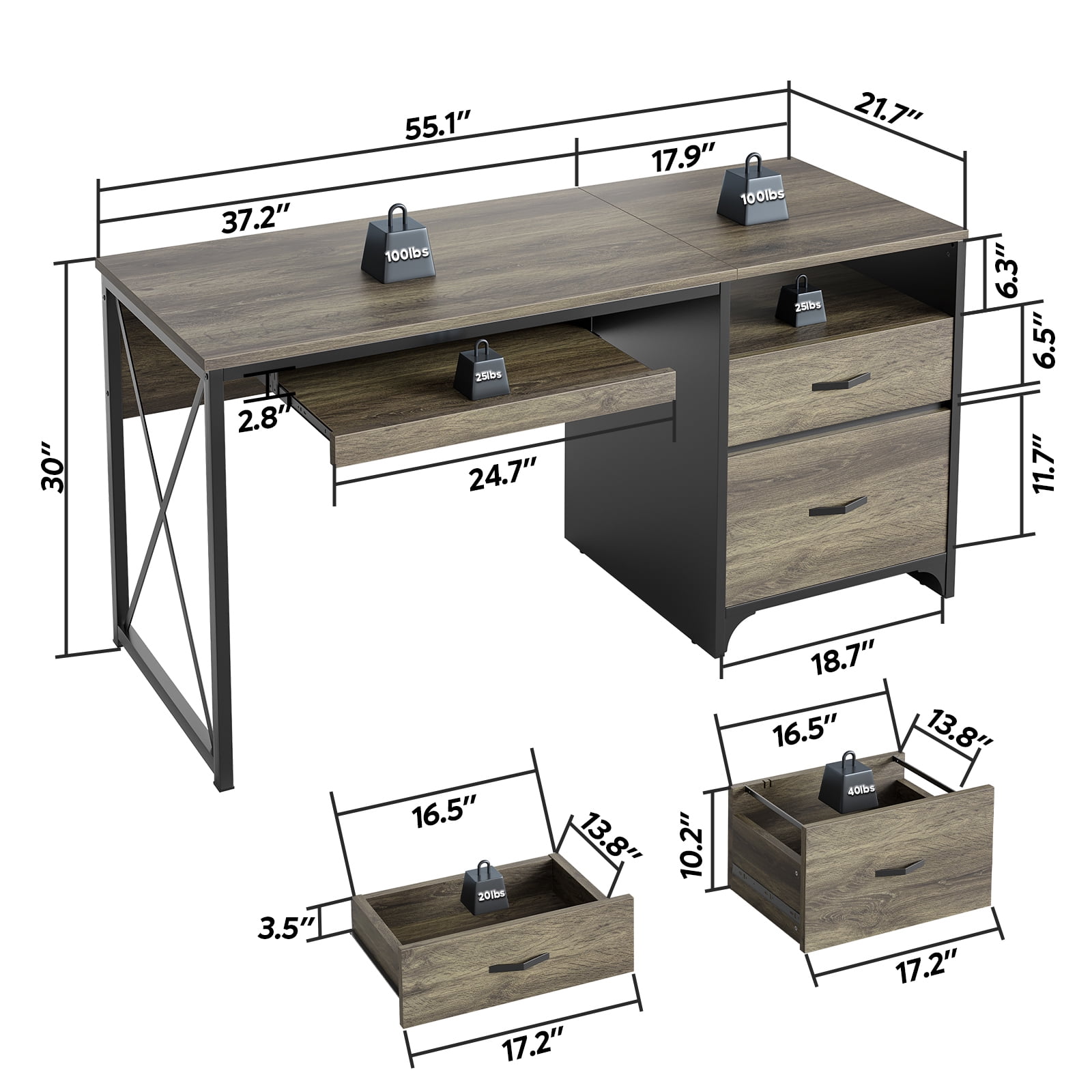Bestier 55 inch Computer Desk with Drawers & Keyboard Tray & File Cabinet Home Office Desk in Grey