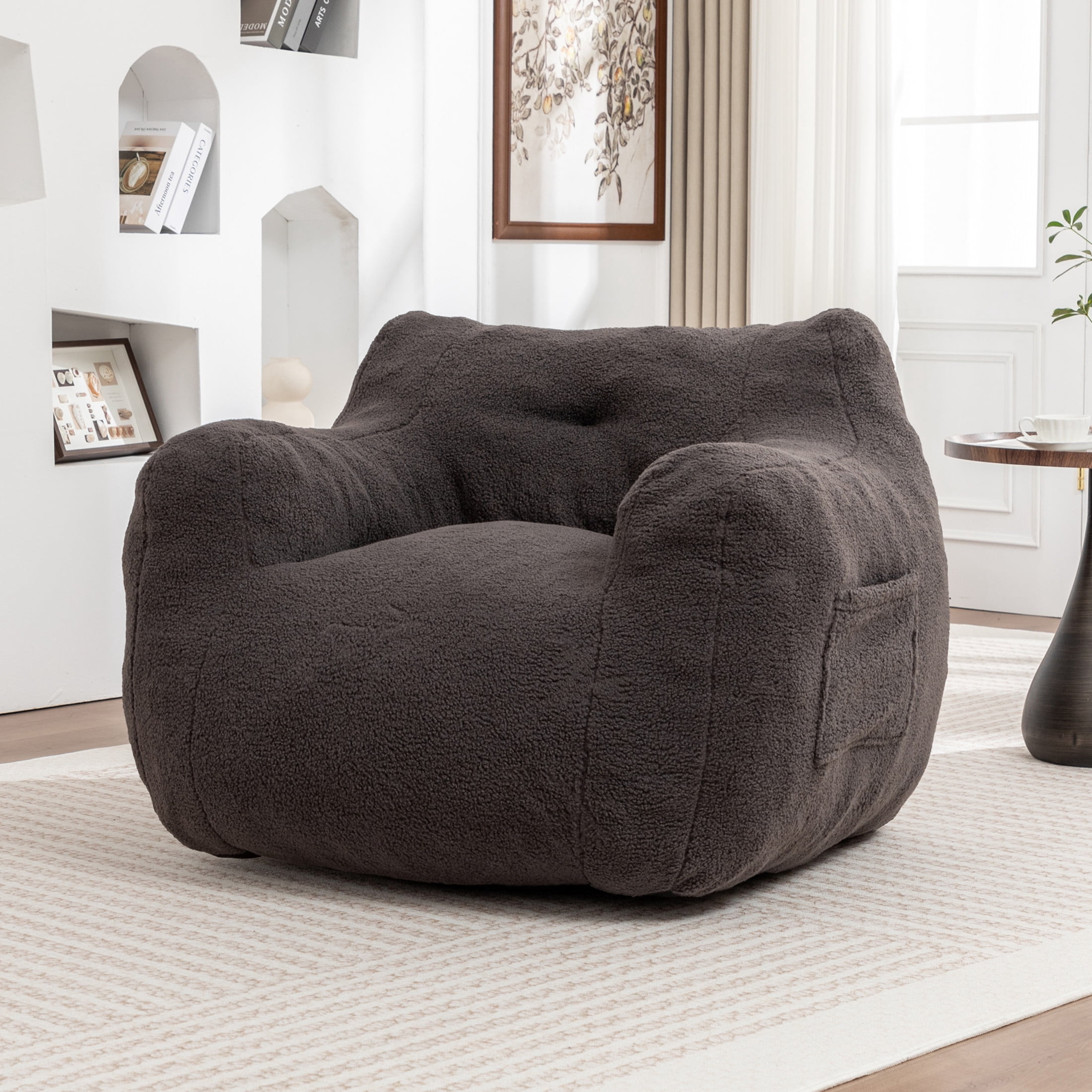 Noble House Nexo Plush Stuffed Memory Foam Bean Bag Sofa, Large Comfy Lounger with Armrest for Living Room, Dark Gray