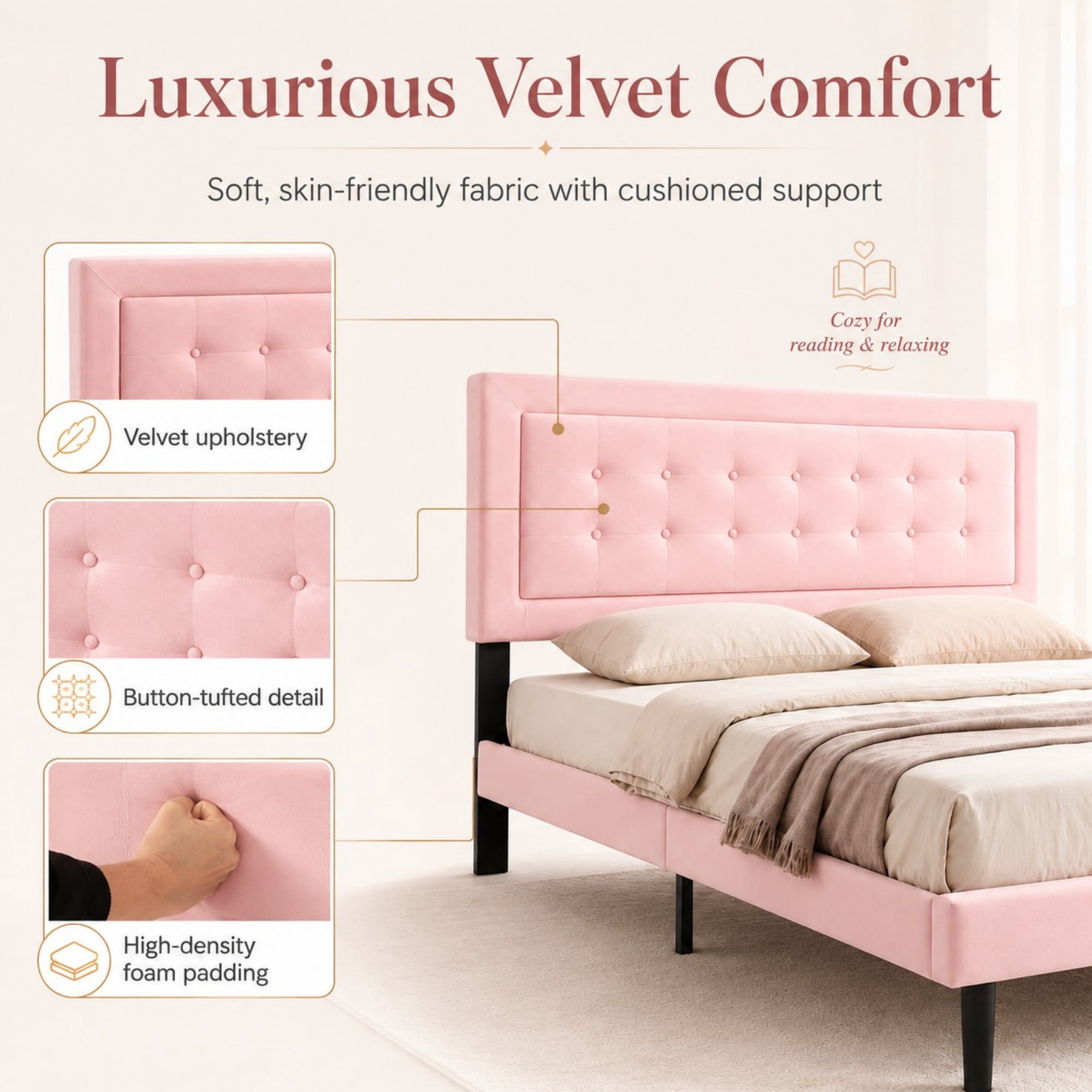 DEALTOPS Queen Size Velvet Platform Bed Frame, Upholstered Tufted Headboard, No Box Spring, Pink