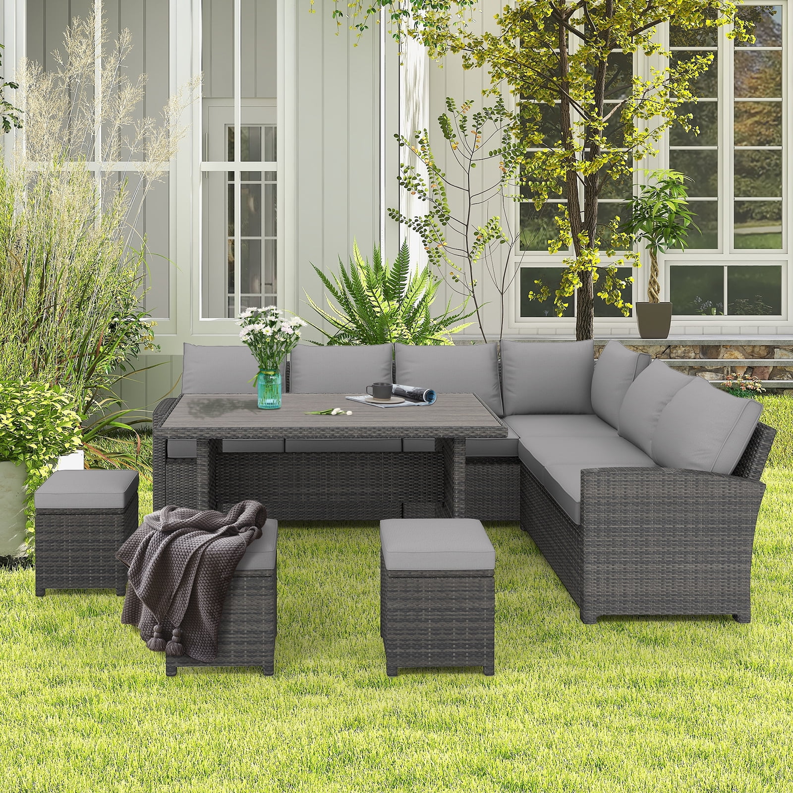 AECOJOY Patio Furniture Set, 7-Piece Rattan Wicker Sectional Sofa Couch, Outdoor Dining Conversation Set in Gray