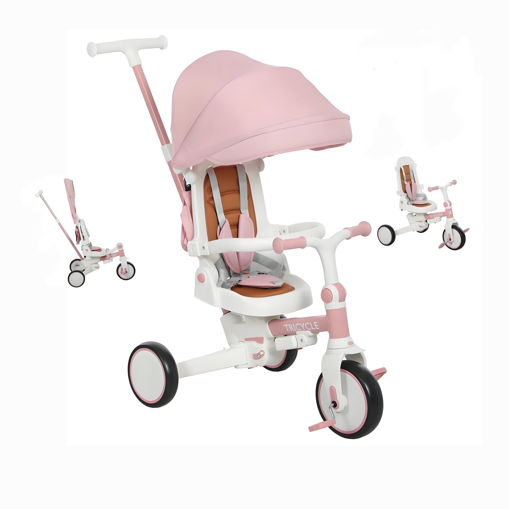 7 in 1 Toddler Tricycle Stroller, for 1-5 Years Old, Adjustable Push Handle, Rotatable Seat, Detachable Canopy, Pink