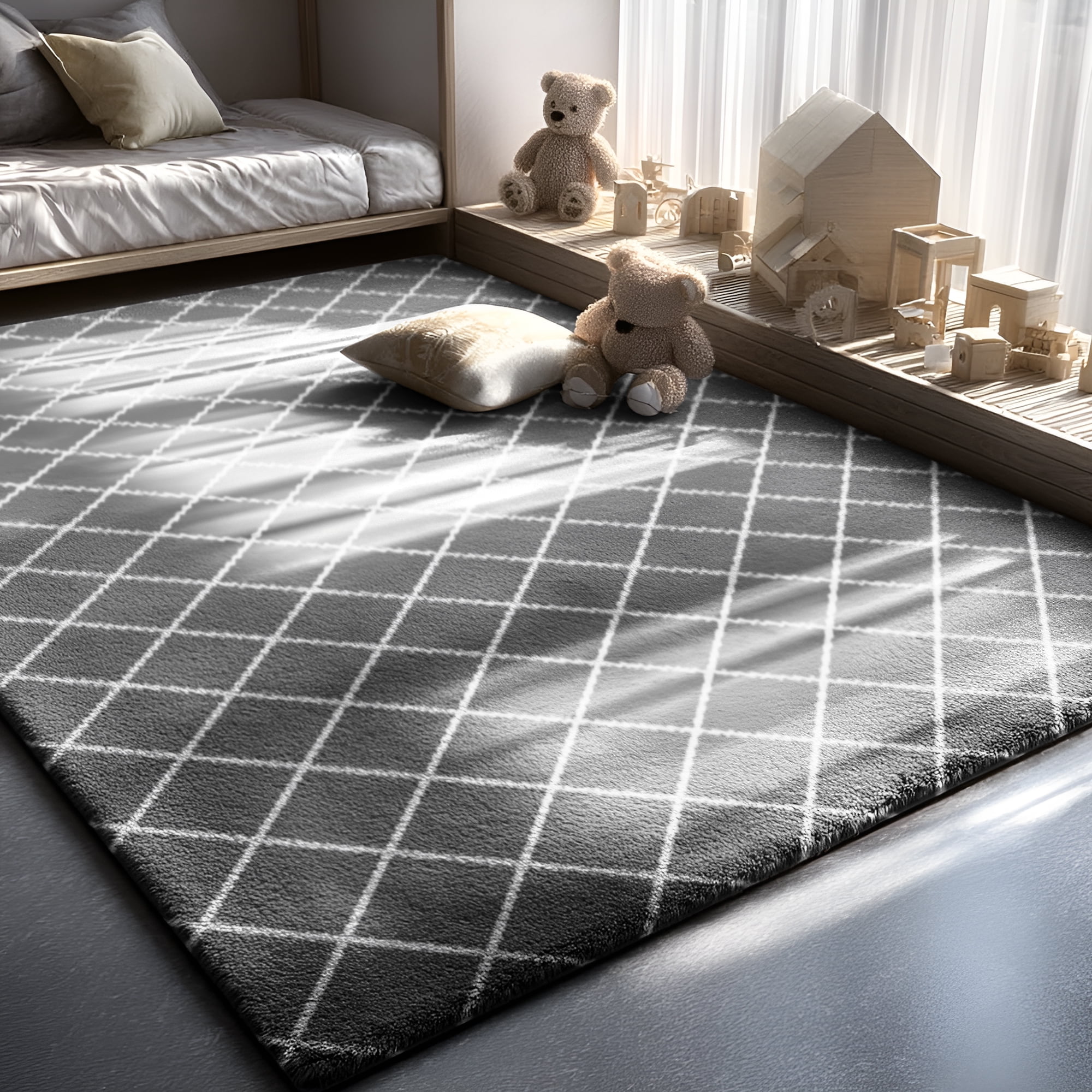 Pentantan 5ft x 8ft Shag Area Rugs for Living Room, Modern Grid Fluffy Bedroom Carpet, Gray & White