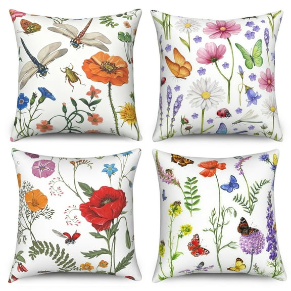 Spring Floral Throw Pillow Covers 20x20 Set of 4,Wildflowers Plants Butterfly Decorative Pillow Cases for Bedroom Sofa Couch
