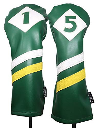 Majek Retro Golf Headcovers Green White and Yellow Vintage Leather Style 1 & 5 Driver Fairway Head Cover Fits 460cc Drivers Classic Look