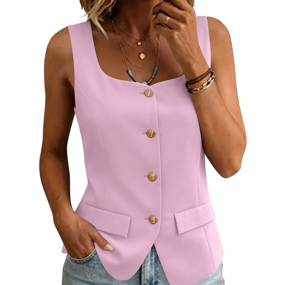 CYMMPU Women's Sleeveless Lapel Tank Top, Front Wooden Button Business Casual Daily Wear Layering Vest Pink L