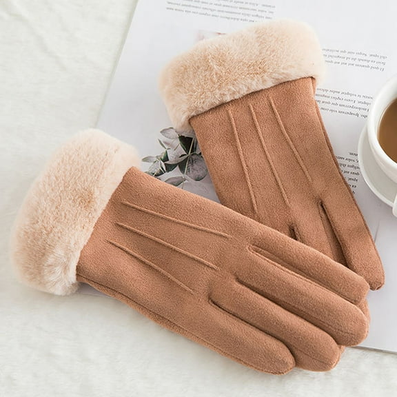 Mictong women's suede imitation leather wool lining soft gloves touch screen winter warm cuff gloves, brown, 1 pair