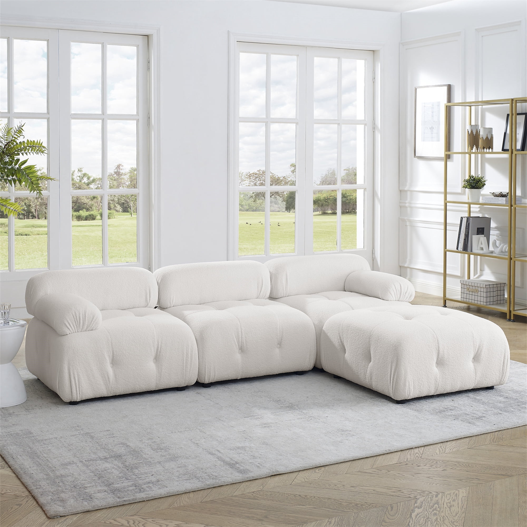Aukfa 93" Sectional Sofa, Living Room Modular Couch with Ottoman, Pillow Top Arms, Teddy Fleece, Ivory