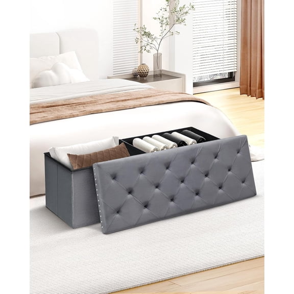 Storage Ottoman Bench, Folding Tufted Ottomans with Storage, Extra Large 140L Storage Boxes Footrest Bench for Bedroom, Luxury Velvet Fabric 43 Inches Grey