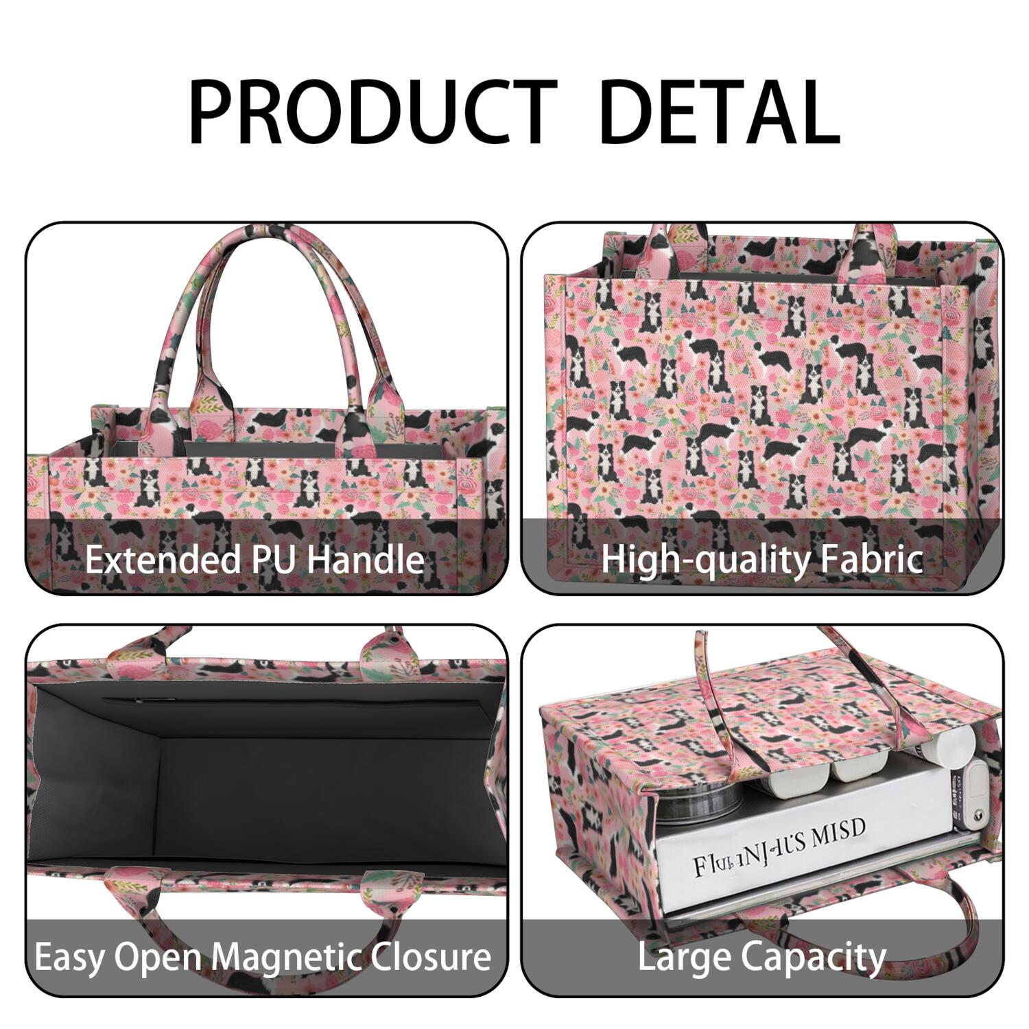 Large Capacity Tote Bag,Pink Border Collie Dog and Flower Floral Handbag Fashion Luxury Tote Bag,15.7"x13"x 5.1" Inches,Laptop Compatible