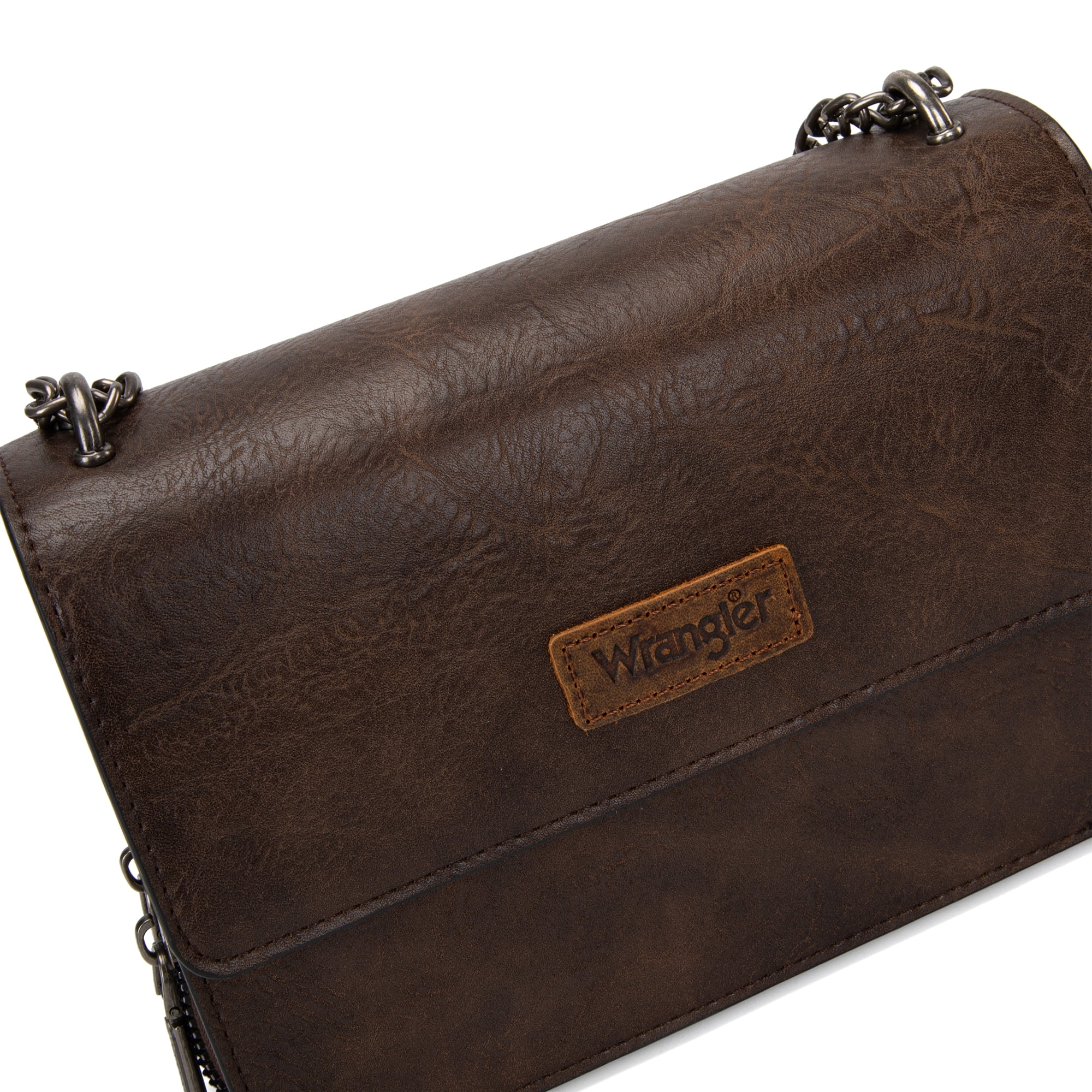 Wrangler Flap CrossBody Purse for Women Small Shoulder Bag with Chain Strap, Coffee