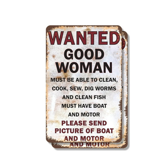 Wanted Good Woman Clean Fish Have Boat (2 Pack) 7 Inch x 10 Inch Metal Sign Novelty Aluminum Durable Weatherproof UV Protected Perfect for Boats Garages Fun Gag Gift for Fishermen