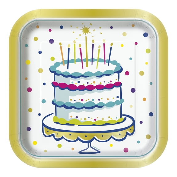 Cake Time Square Disposable Paper Plates, 9.25", Multicolor, 8 Count, by Way To Celebrate