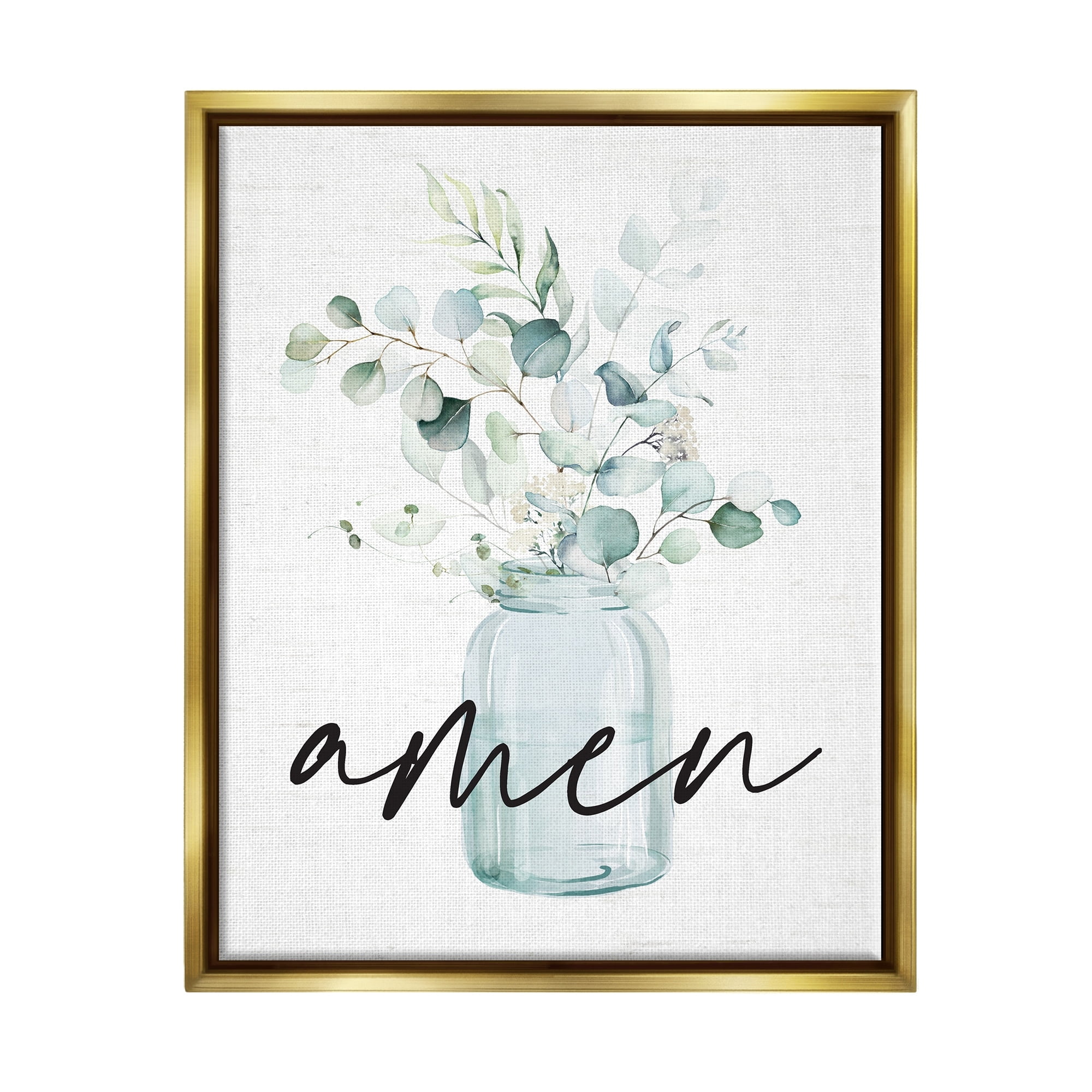 Stupell Industries Amen Religious Calligraphy Eucalyptus Botanicals Country Jar Graphic Art Metallic Gold Floating Framed Canvas Print Wall Art, Design by Lettered and Lined
